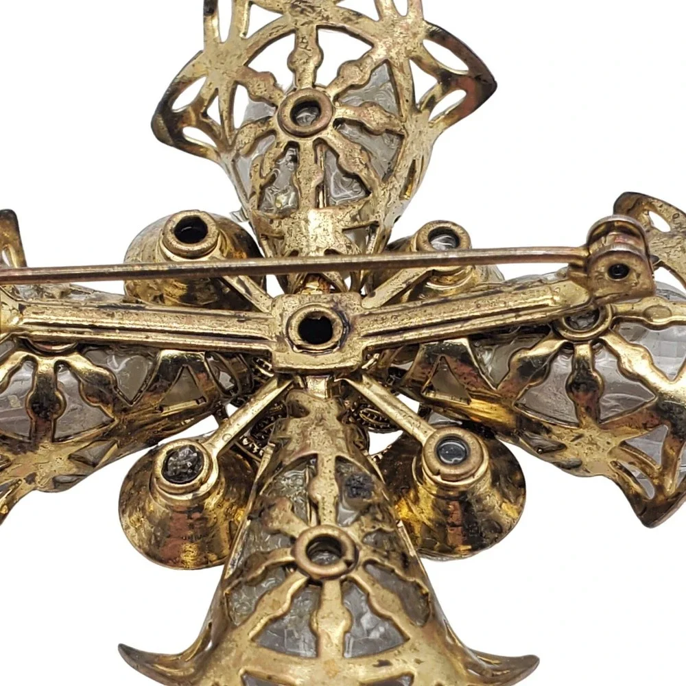 Maltese Cross Brooch Smoke Acrylic Gothic Revival Pin Gold Tone Rhinestones Vtg